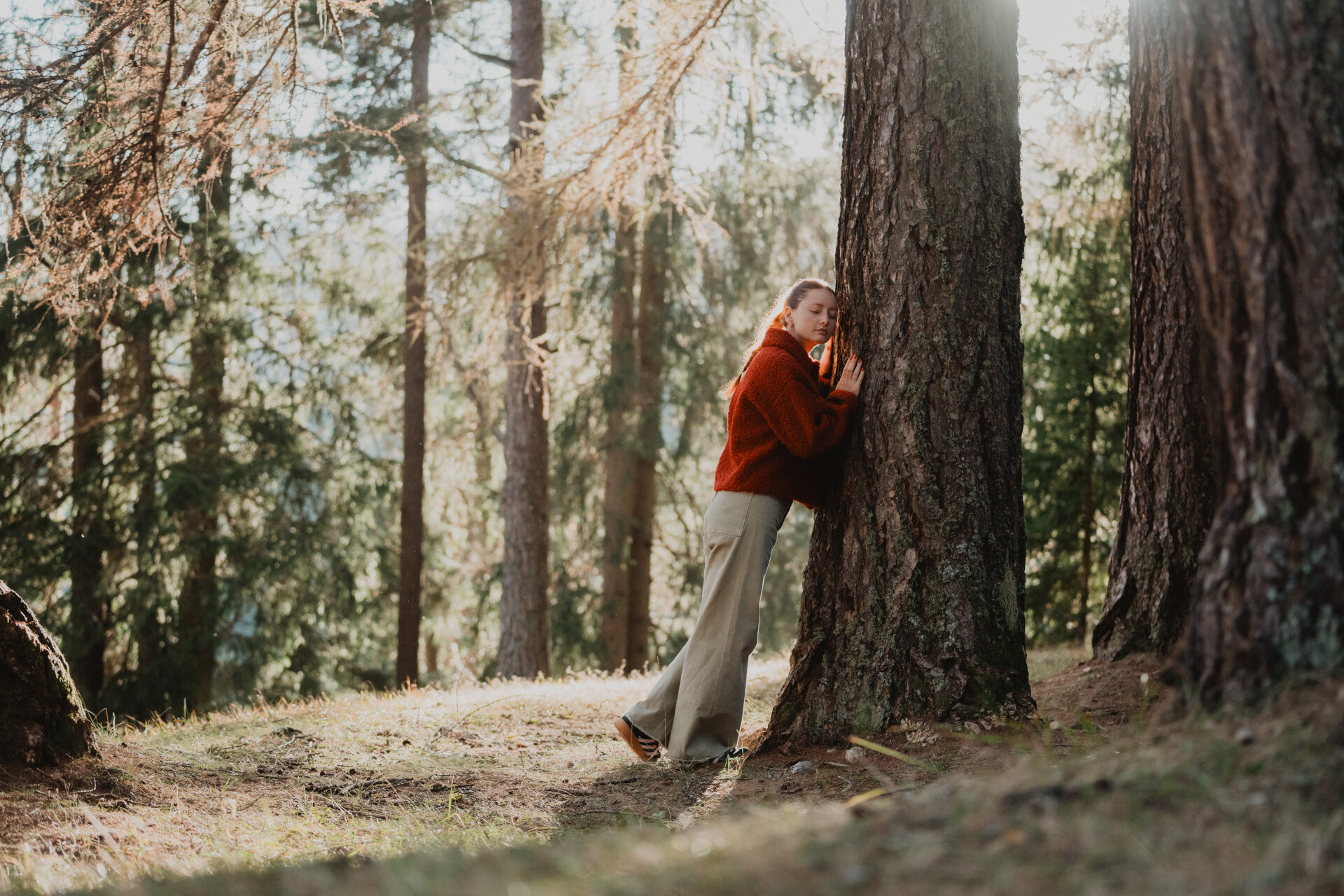 Benessere nella natura di Fassa | © Archivio Immagini ApT Val di Fassa - Mattia Rizzi Una ragazza abbraccia un albero in un bosco autunnale della Val di Fassa | © Archivio Immagini ApT Val di Fassa - Mattia Rizzi