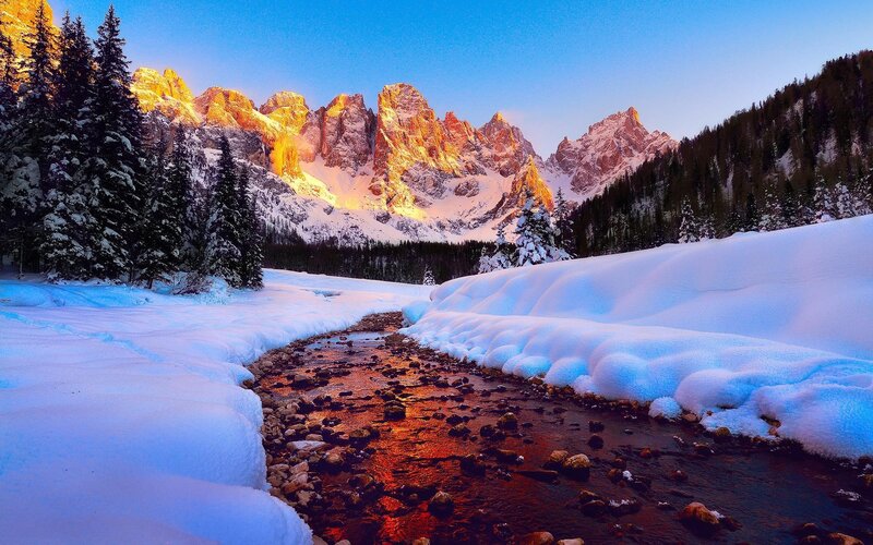 Dolomites-mountains-peaks-sky-forest-river-snow-wi